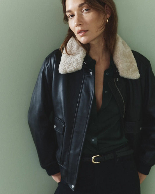 100% Leather Shearling Trim Aviator Jacket - US 1129