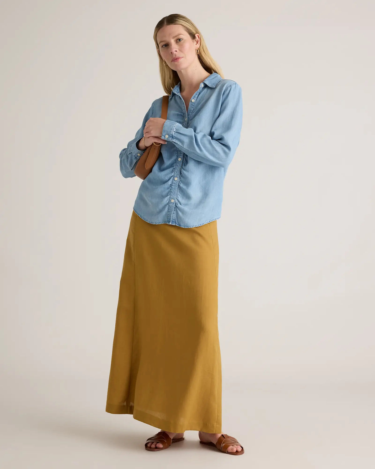 Chambray Tencel Shirred Long Sleeve Shirt - US 8153