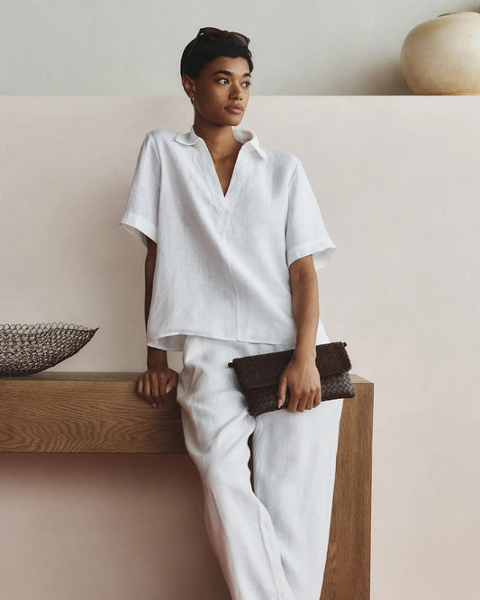100% European Linen Short Sleeve Popover Top - US 5948