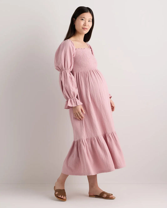100% Organic Cotton Gauze Maternity Smocked Midi Dress - US 2171