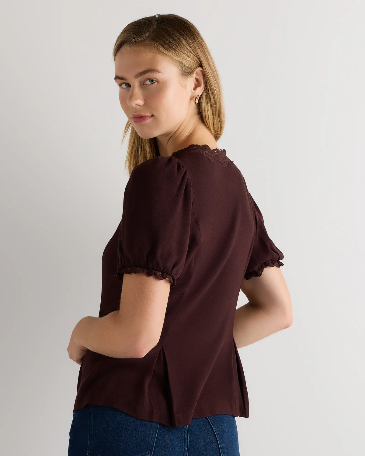 Lightweight Crepe Lace Puff Sleeve Blouse - US 4564