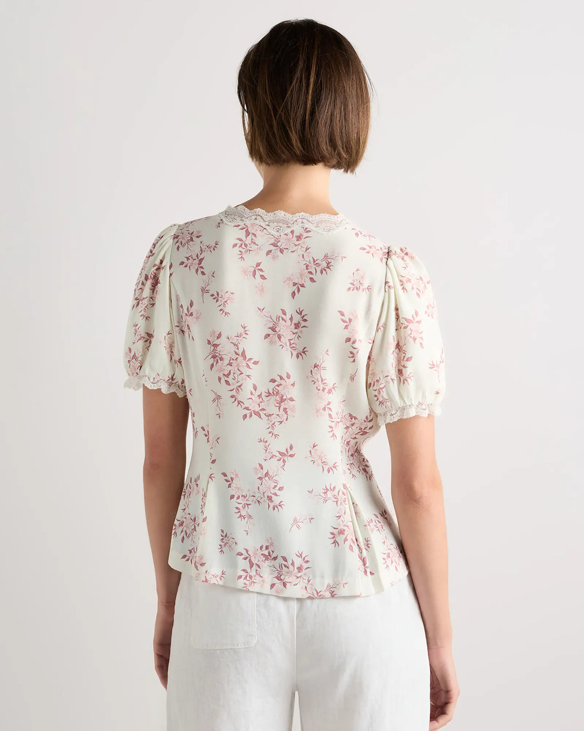 Lightweight Crepe Lace Puff Sleeve Blouse - US 2359