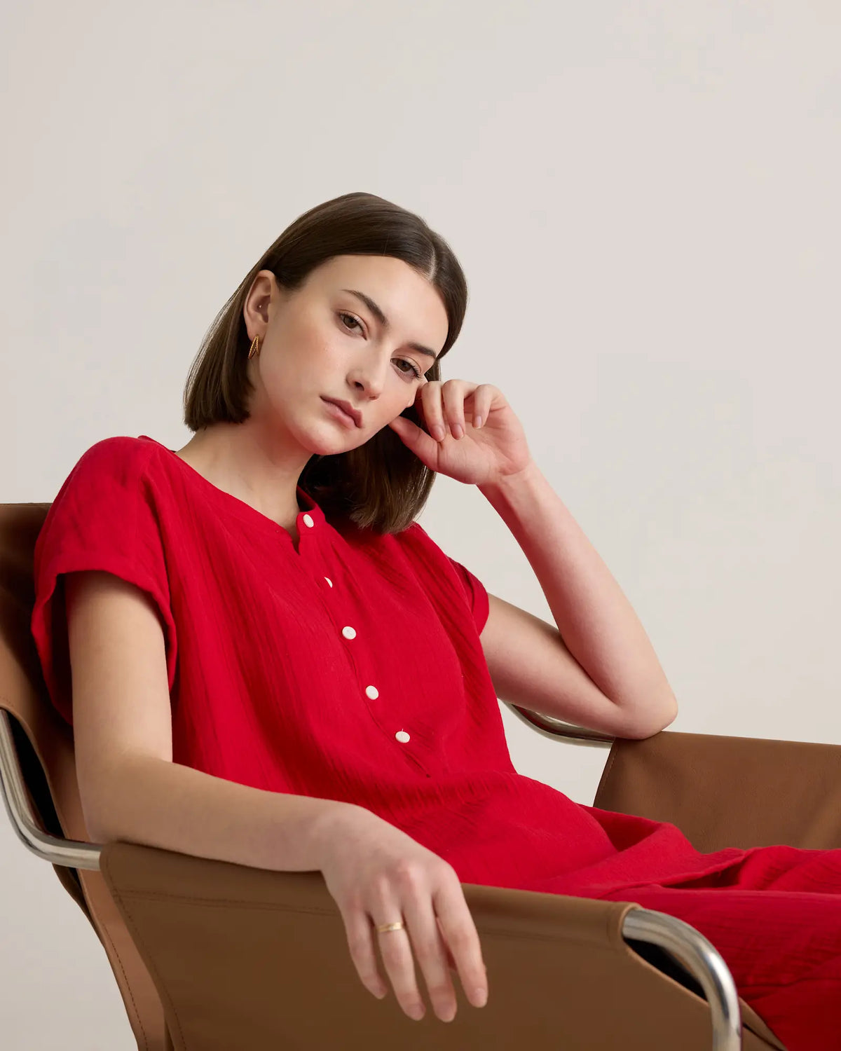 100% Organic Cotton Gauze Roll Sleeve Shirt - US 8484