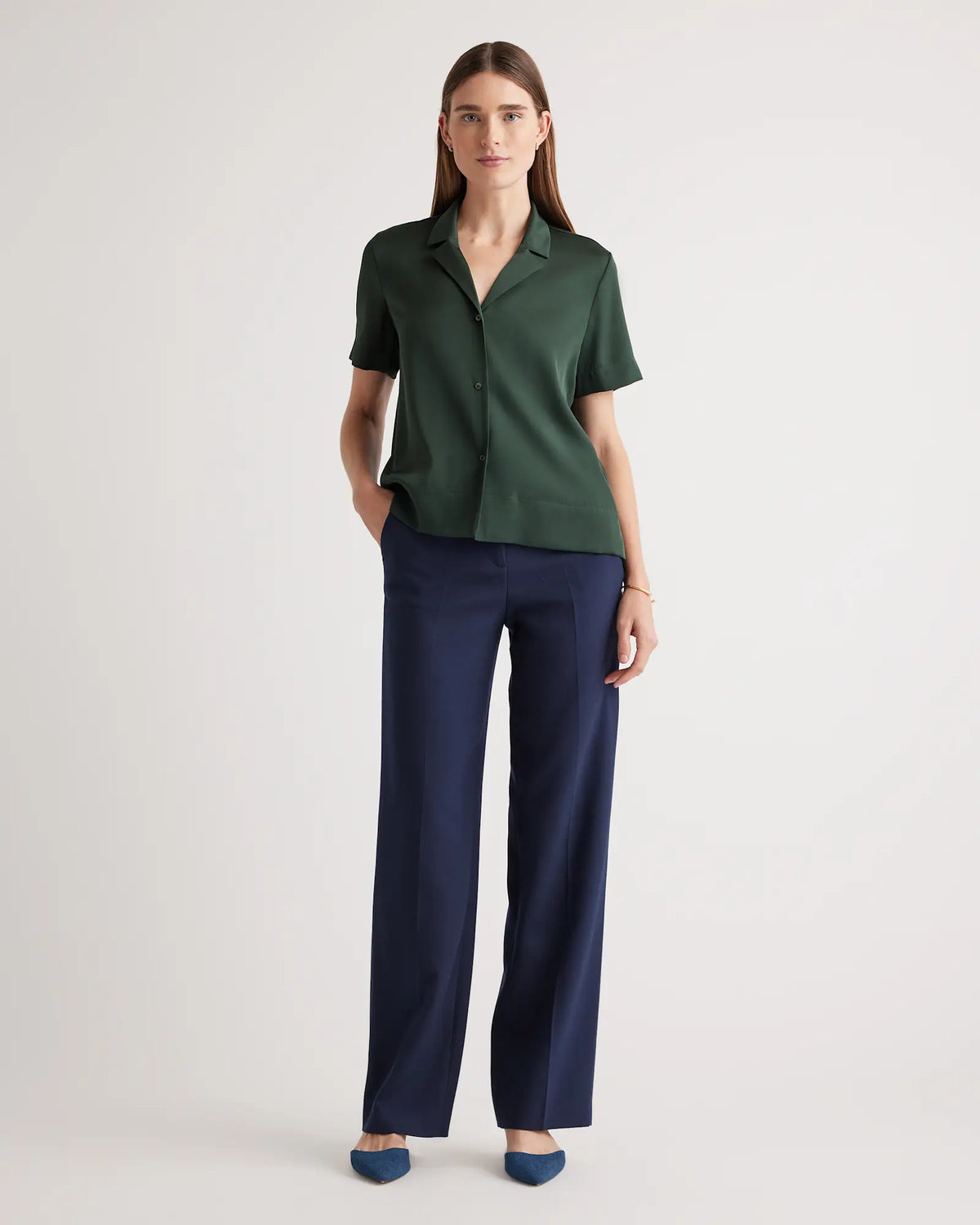 Washable Stretch Silk Short Sleeve Notch Collar Blouse - US 8708