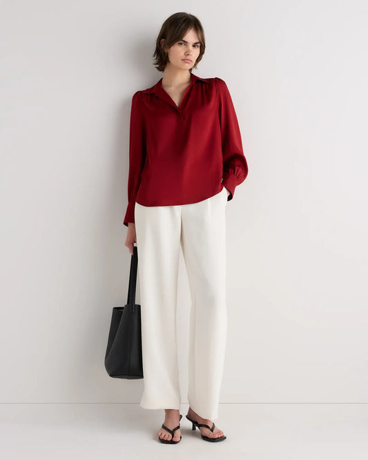 Washable Stretch Silk Split Neck Blouse - US 8217