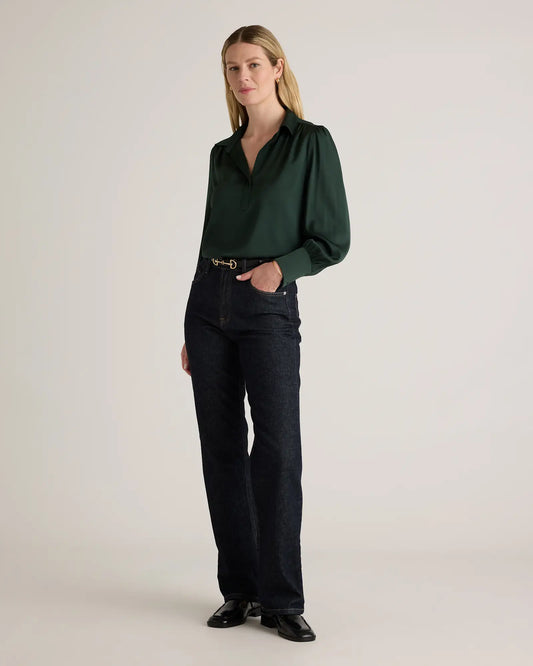 Washable Stretch Silk Split Neck Blouse - US 9924
