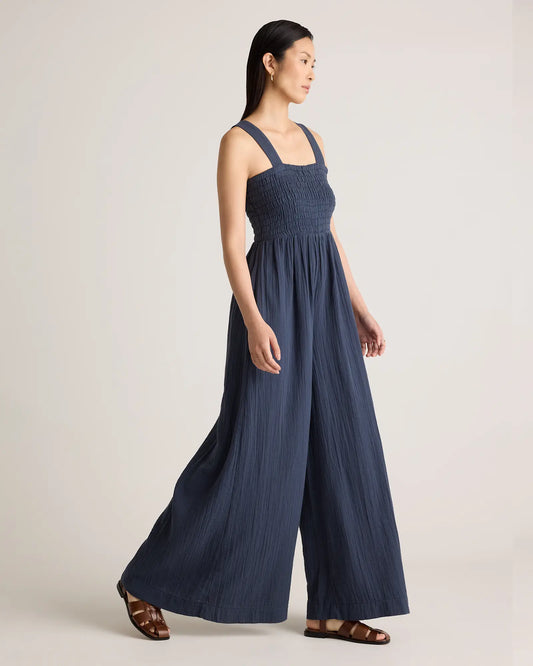 100% Organic Cotton Gauze Smocked Wide Leg Jumpsuit - US 0812