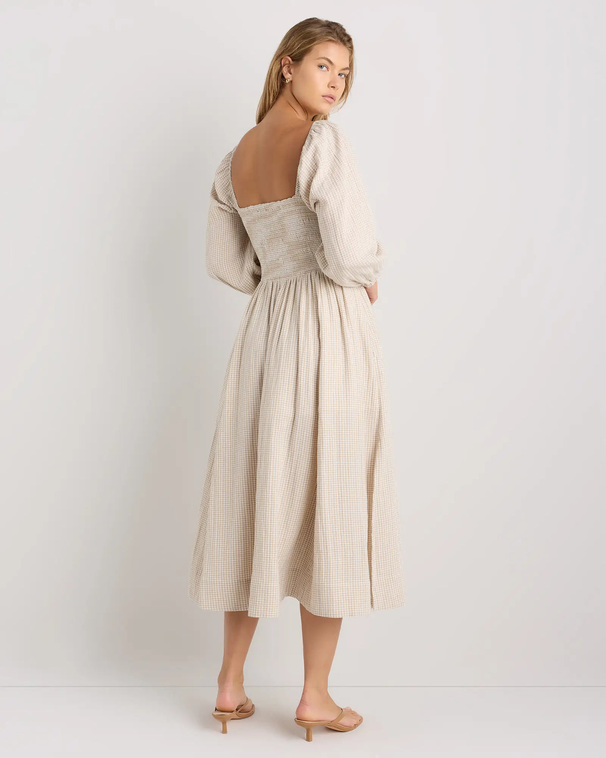 100% Organic Cotton Gauze Smocked Square Neck Midi Dress - US 7236
