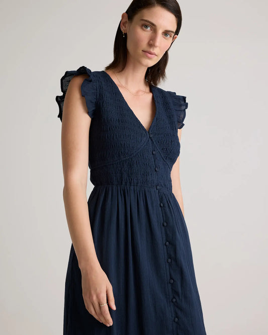 Organic Textured Cotton Smocked V-Neck Midi Dress - US 1606