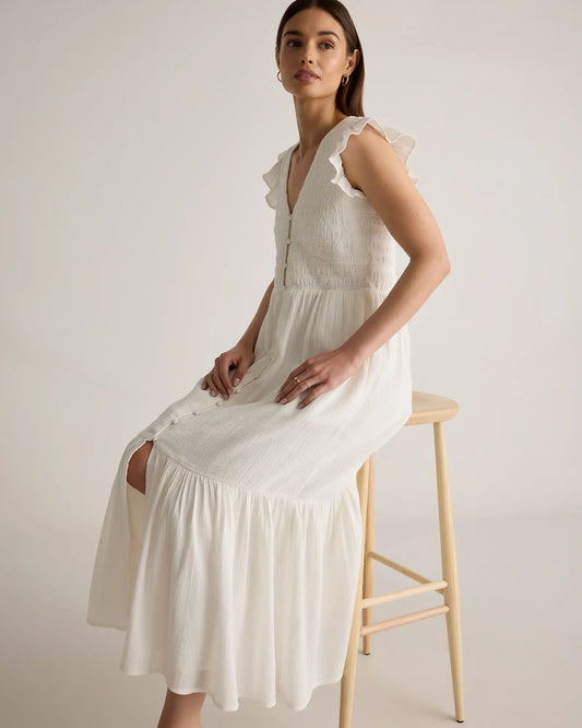 Organic Textured Cotton Smocked V-Neck Midi Dress - US 9484