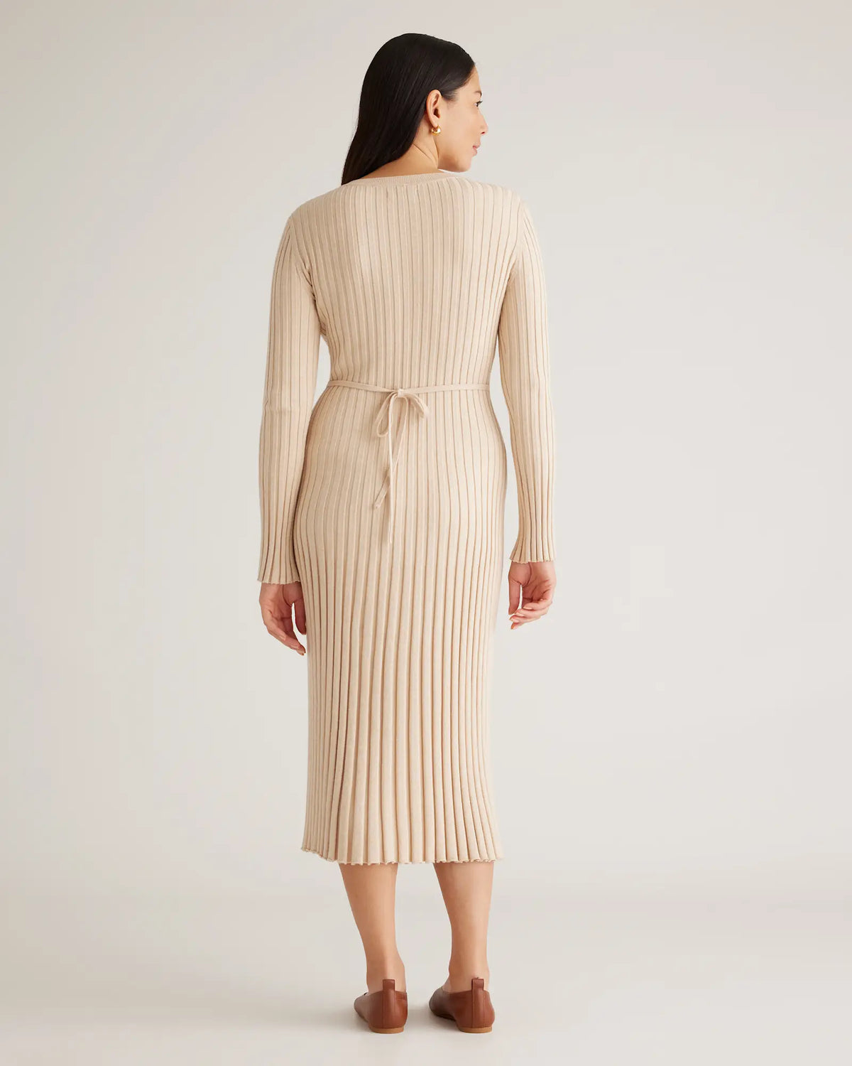 Cotton Cashmere Ribbed Long Sleeve Crew Midi Dress - US 1698