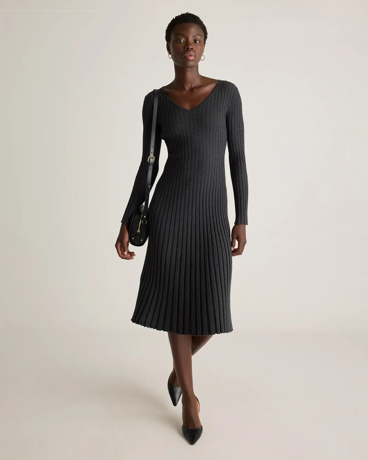 Cotton Cashmere Ribbed Long Sleeve V-Neck Midi Dress - US 2168