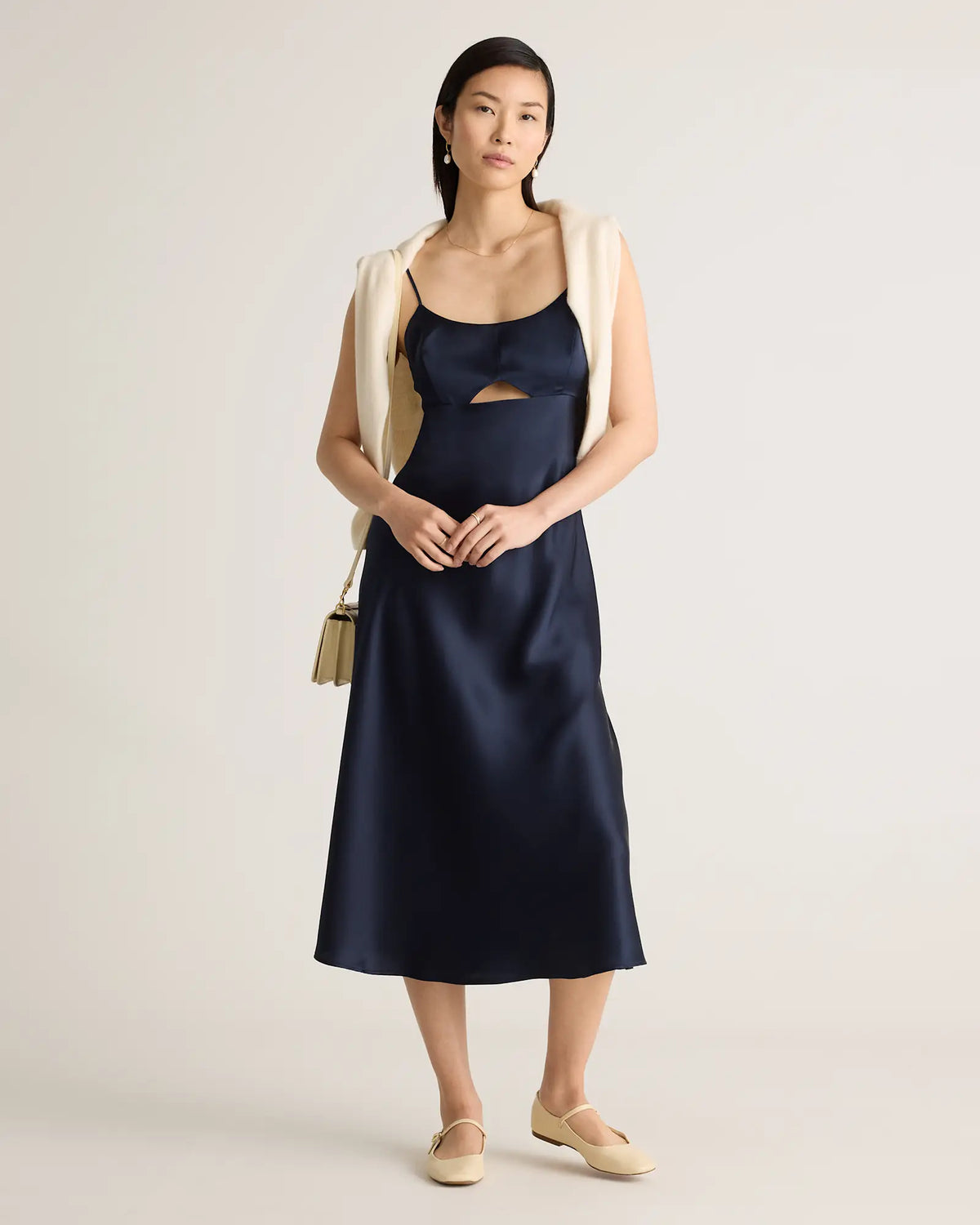 100% Washable Silk Cutout Midi Slip Dress - US 6891