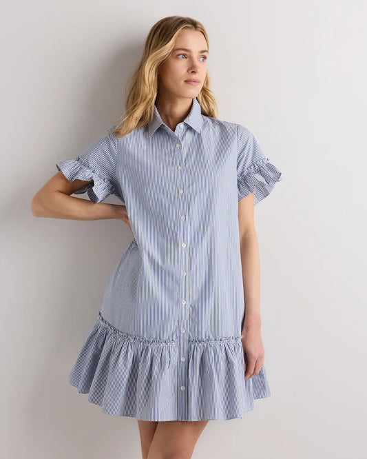 100% Organic Cotton Poplin Short Sleeve Ruffle Shirt Dress - US 7050