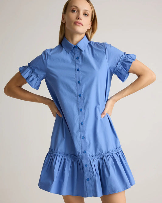 100% Organic Cotton Poplin Short Sleeve Ruffle Shirt Dress - US 9944