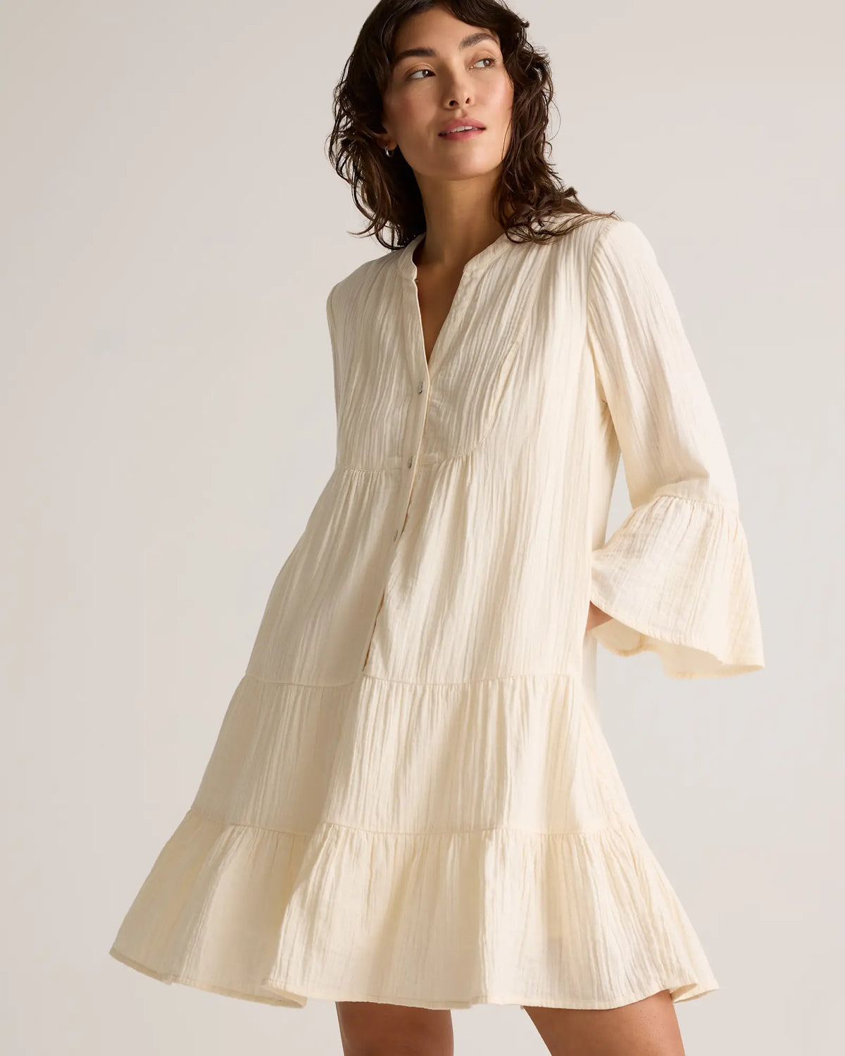 100% Organic Cotton Gauze Long Sleeve Tiered Mini Dress - US 5754