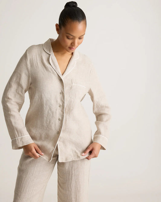 100% European Linen Long Sleeve Pajama Set with Piping - US 0164