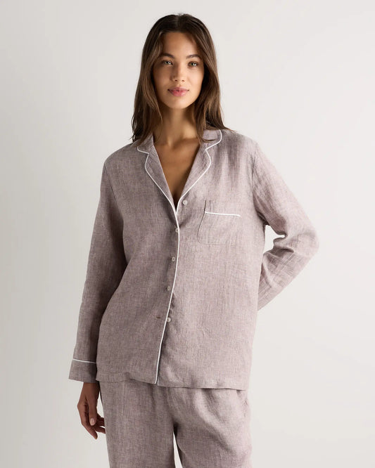 100% European Linen Long Sleeve Pajama Set with Piping - US 5829