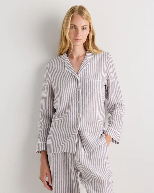 100% European Linen Long Sleeve Pajama Set with Piping - US 4093