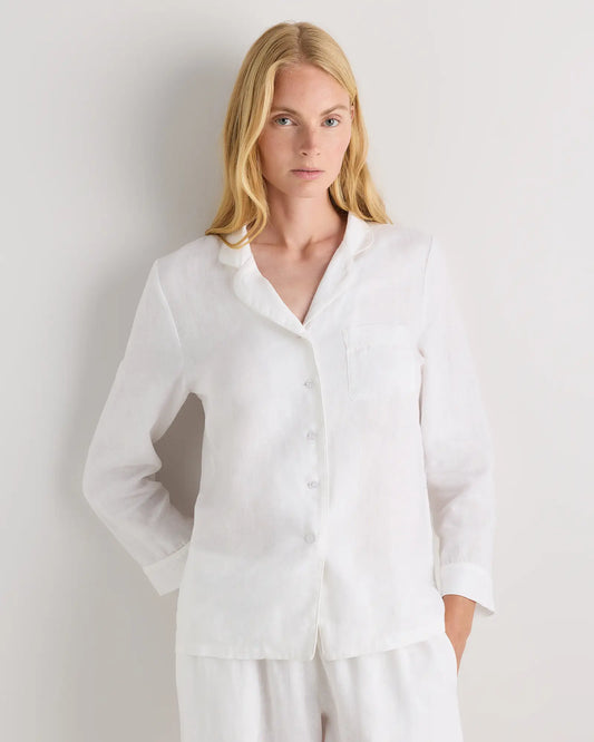 100% European Linen Long Sleeve Pajama Set with Piping - US 8256