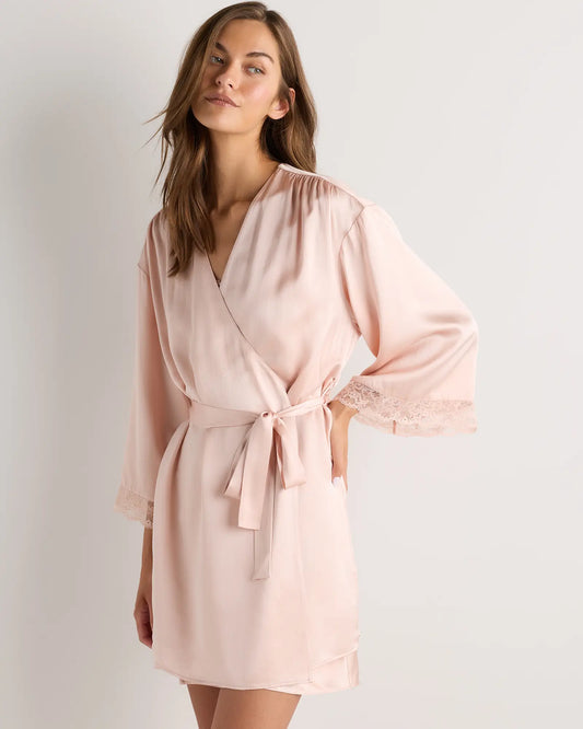 100% Washable Silk Satin Lace Trim Robe - US 2646