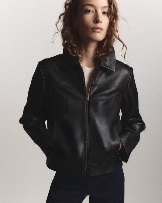 100% Leather Cropped Zip-Front Jacket - US 6920