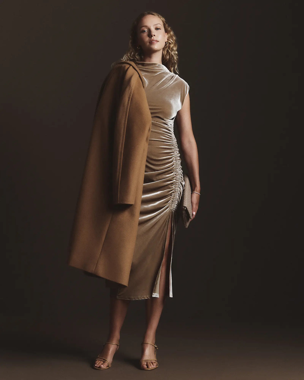 Stretch Silk Velvet Ruched Midi Dress - US 9235