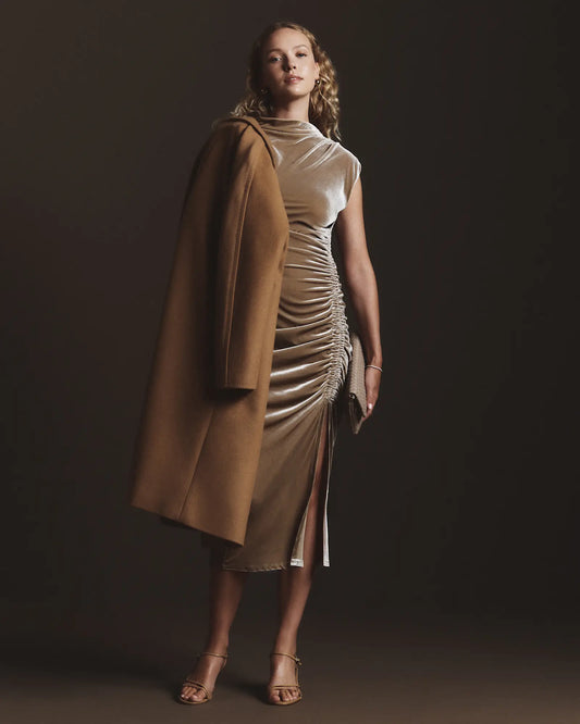 Stretch Silk Velvet Ruched Midi Dress - US 9235