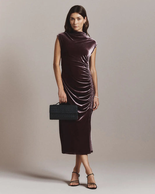 Stretch Silk Velvet Ruched Midi Dress - US 0427