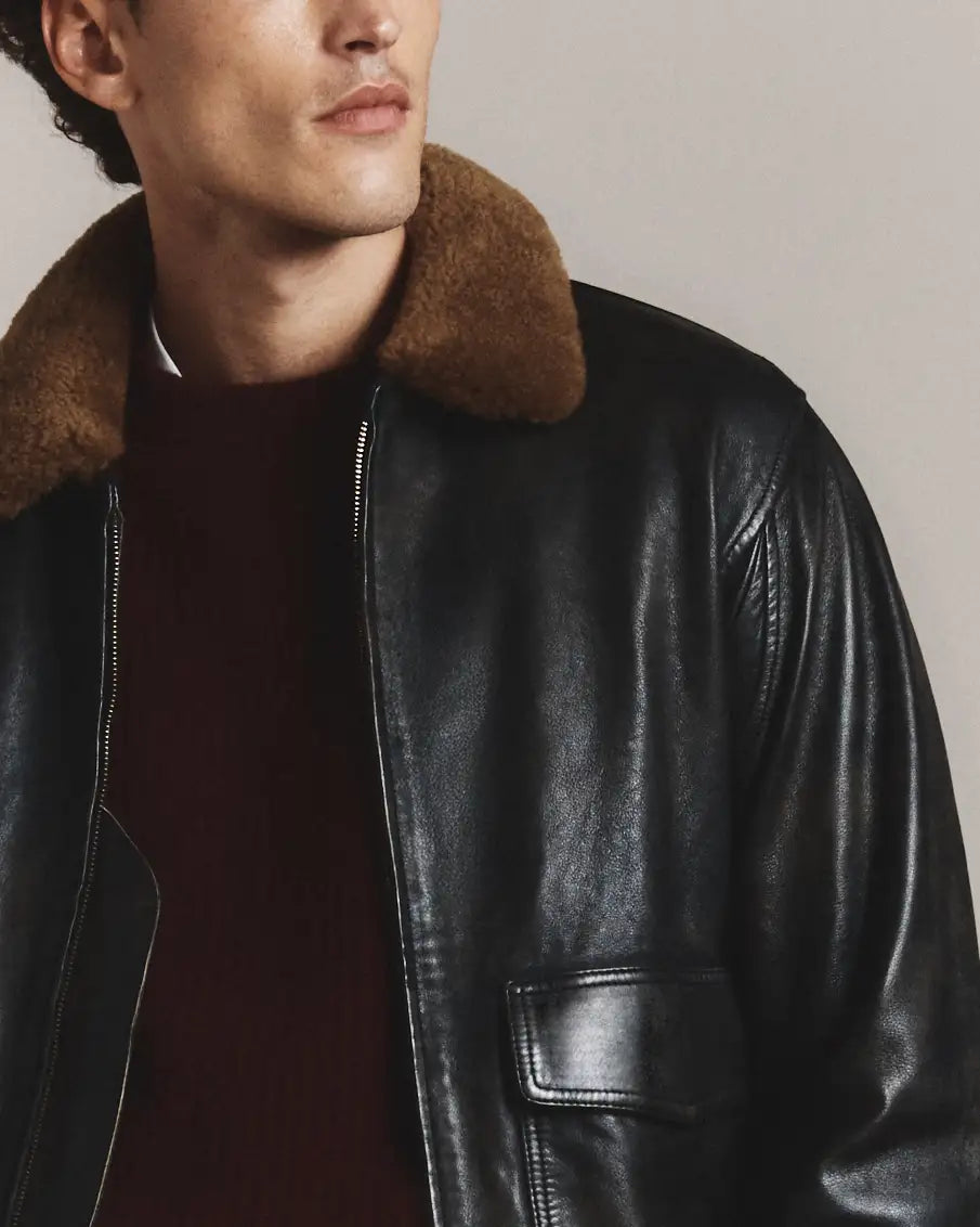 Shearling Collar Leather Flight Jacket - US 1376