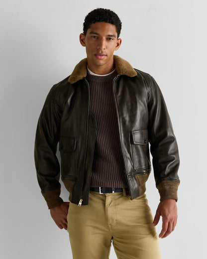 Shearling Collar Leather Flight Jacket - US 1760