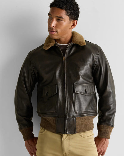 Shearling Collar Leather Flight Jacket - US 1760