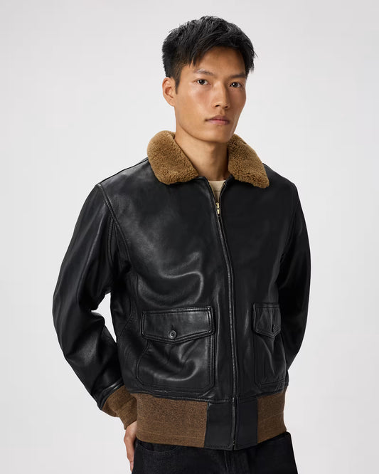 Shearling Collar Leather Flight Jacket - US 1376