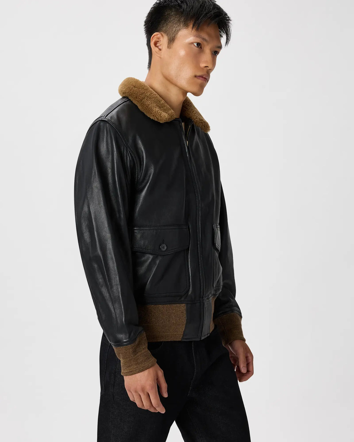 Shearling Collar Leather Flight Jacket - US 1376