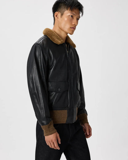 Shearling Collar Leather Flight Jacket - US 1376