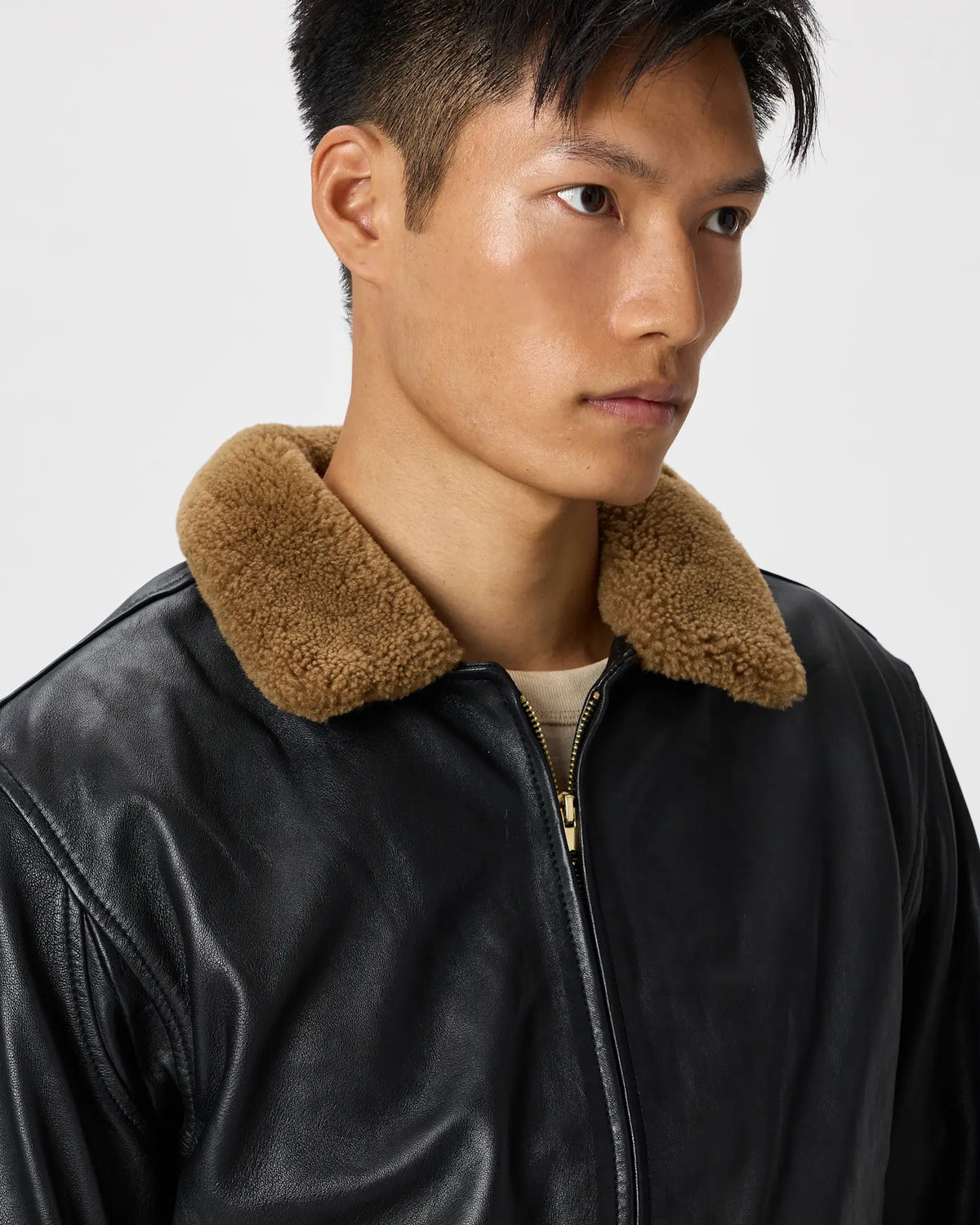 Shearling Collar Leather Flight Jacket - US 1376