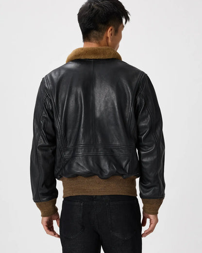 Shearling Collar Leather Flight Jacket - US 1376