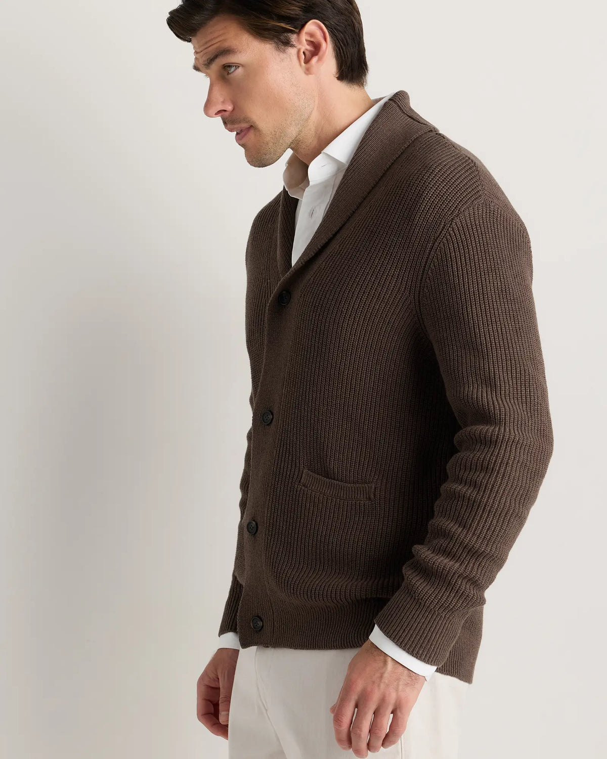 100% Organic Cotton Ribbed Shawl-Collar Cardigan Sweater - US 9953