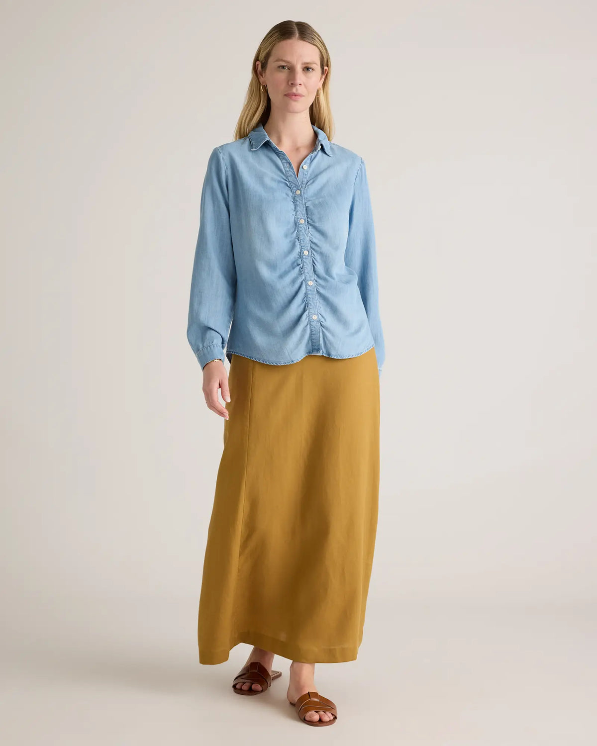 Chambray Tencel Shirred Long Sleeve Shirt - US 8153