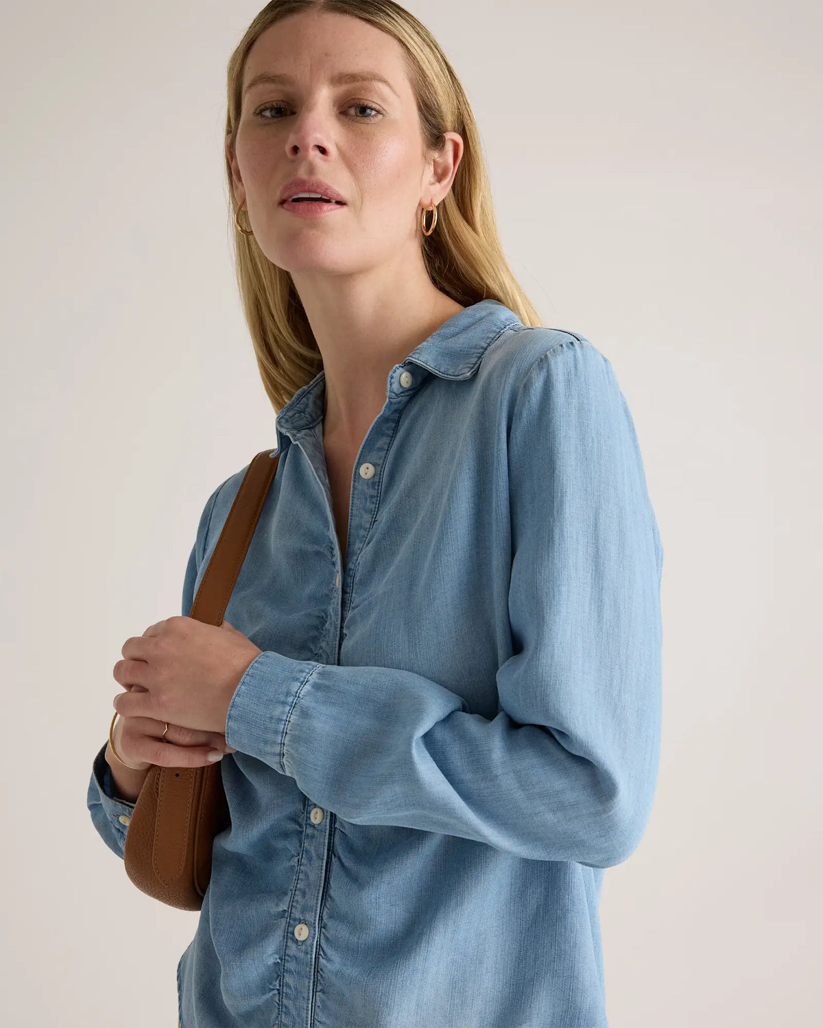 Chambray Tencel Shirred Long Sleeve Shirt - US 8153