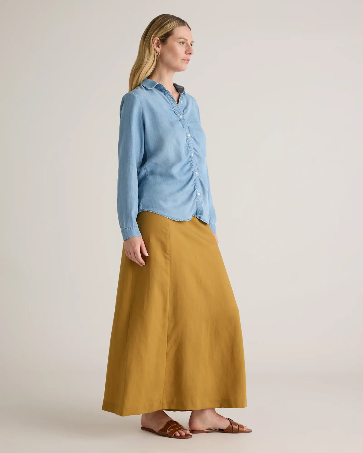 Chambray Tencel Shirred Long Sleeve Shirt - US 8153