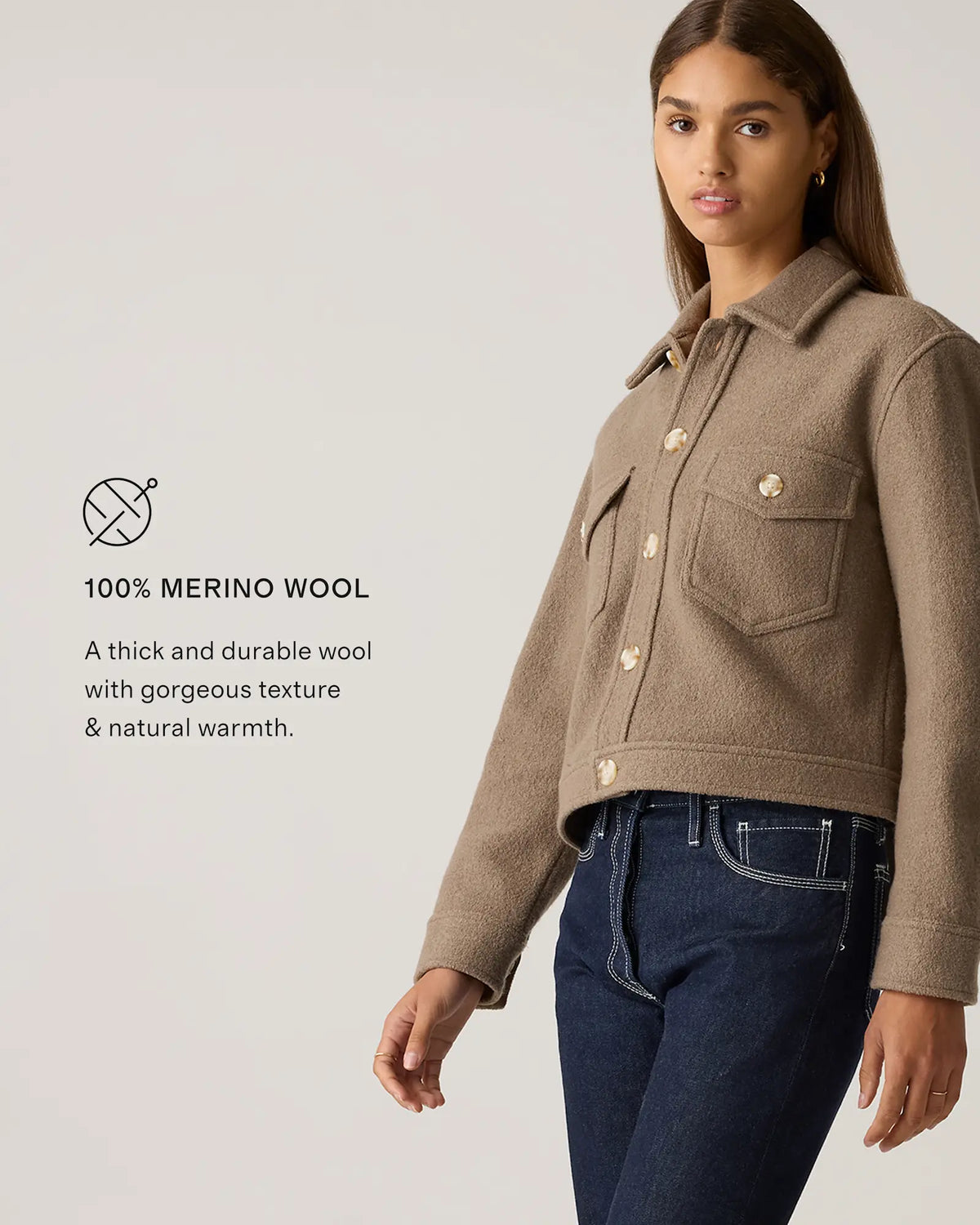100% Merino Wool Cropped Shirt Jacket - US 6284