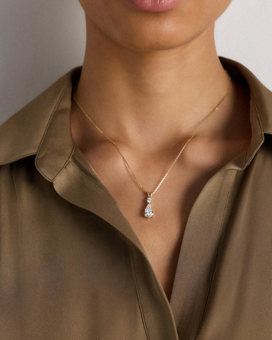 14K Gold Lab Grown Diamond Round & Pear Drop Necklace - US 4096