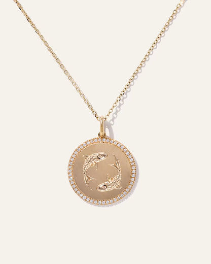 14K Gold Pave Zodiac Medallion Necklace - US 7658