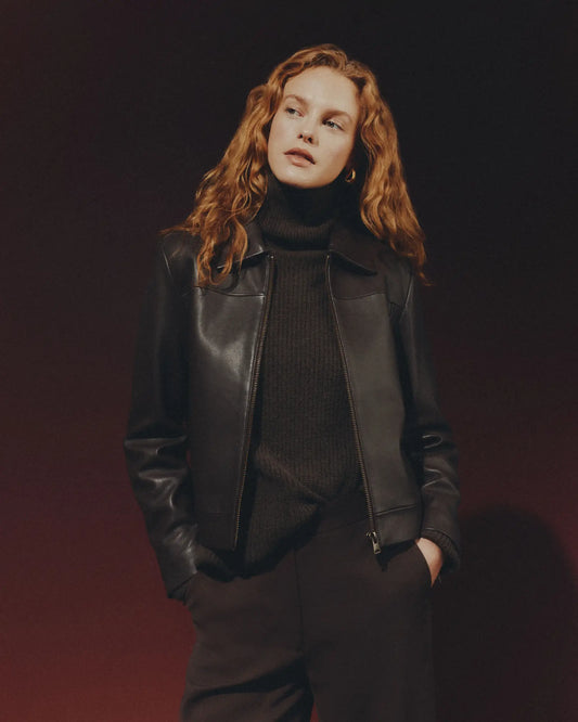 100% Leather Cropped Zip-Front Jacket - US 6860