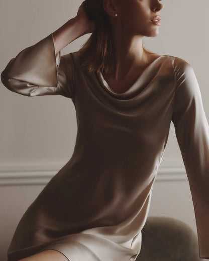 100% Washable Silk Long Sleeve Mini Dress - US 3817