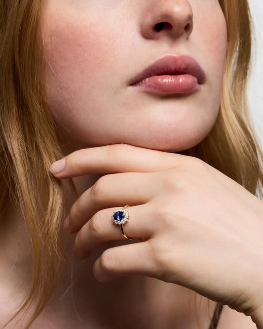 14K Gold Lab Grown Diamond and Blue Sapphire Halo Ring - US 4166