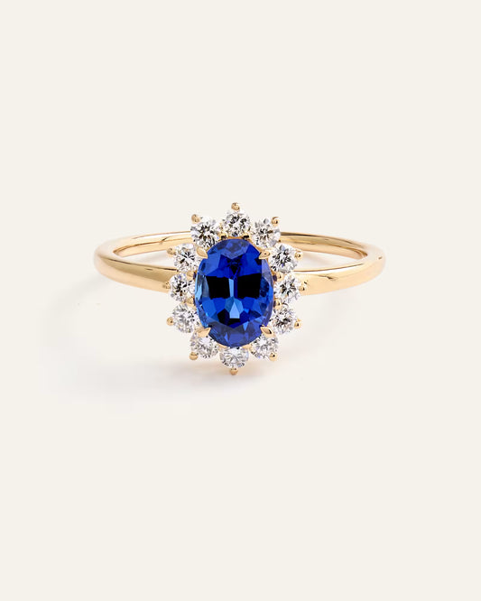 14K Gold Lab Grown Diamond and Blue Sapphire Halo Ring - US 4166