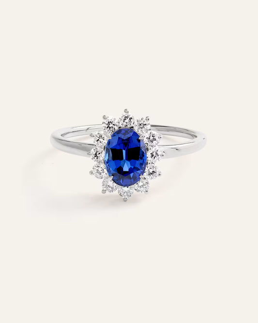 14K Gold Lab Grown Diamond and Blue Sapphire Halo Ring - US 5628
