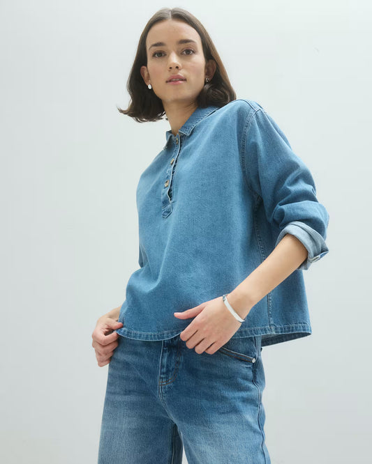 Distressed Denim Popover Shirt - US 4356